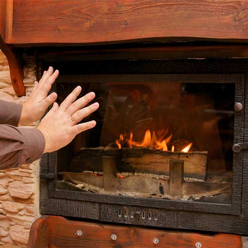Hands warming in front of fireplace